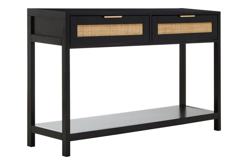 Sherman Black Wood and Rattan Two Drawer Console Table