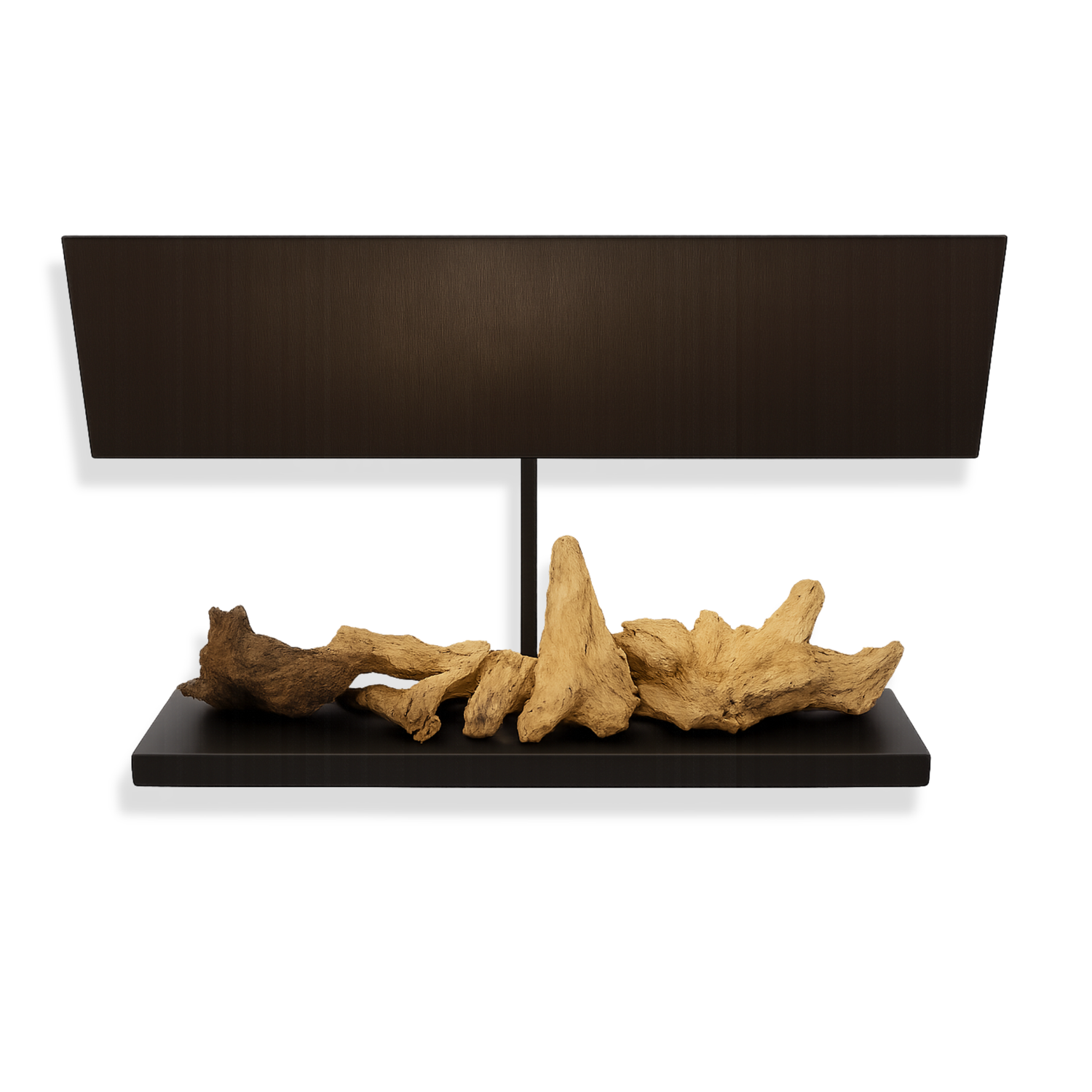 Sculptural driftwood table lamp with a sleek black rectangular shade