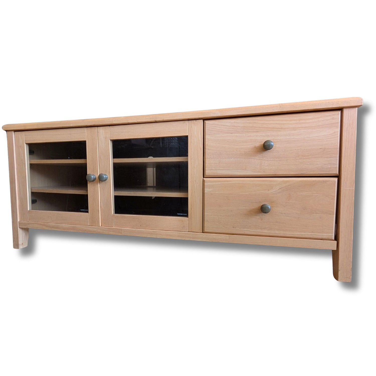 Oak-Veneered Tv / Media Unit With Glass Panel Top