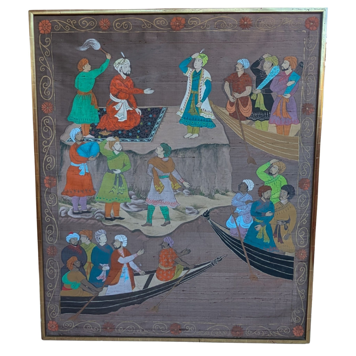 Hand-painted Mughal Scene On Silk, Gold Coloured -framed