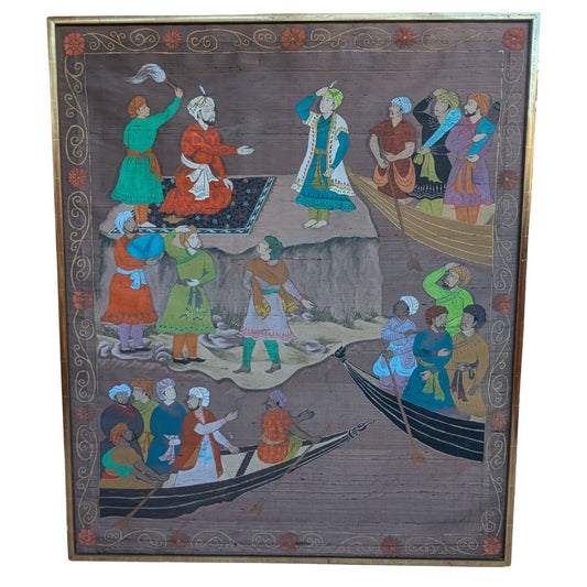 Hand-painted Mughal Scene On Silk, Gold Coloured -framed