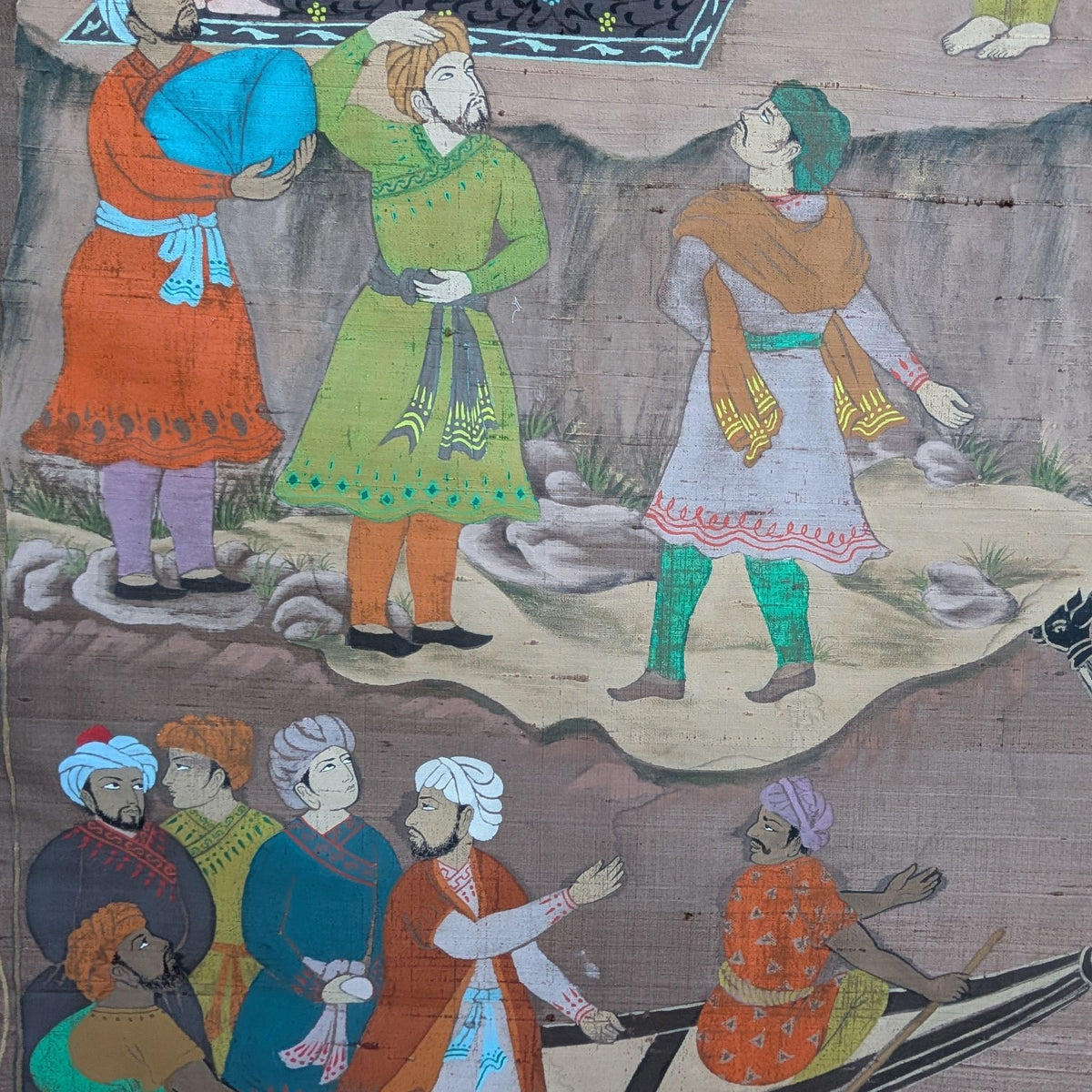 Hand-painted Mughal Scene On Silk, Gold Coloured -framed