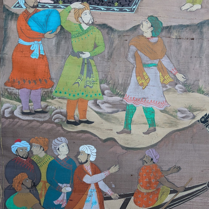 Hand-painted Mughal Scene On Silk, Gold Coloured -framed
