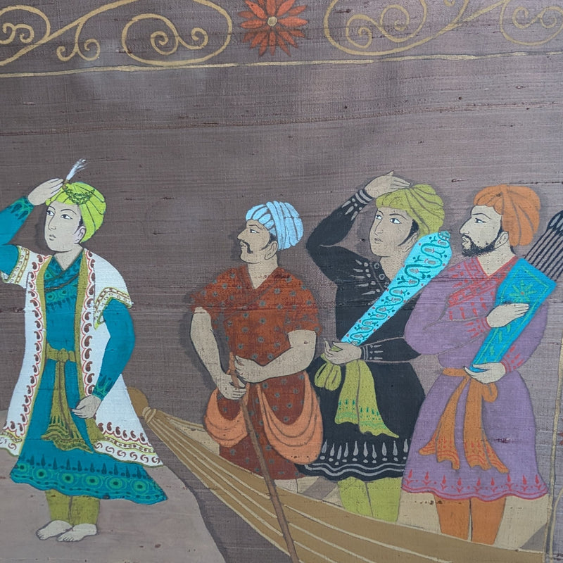 Hand-painted Mughal Scene On Silk, Gold Coloured -framed