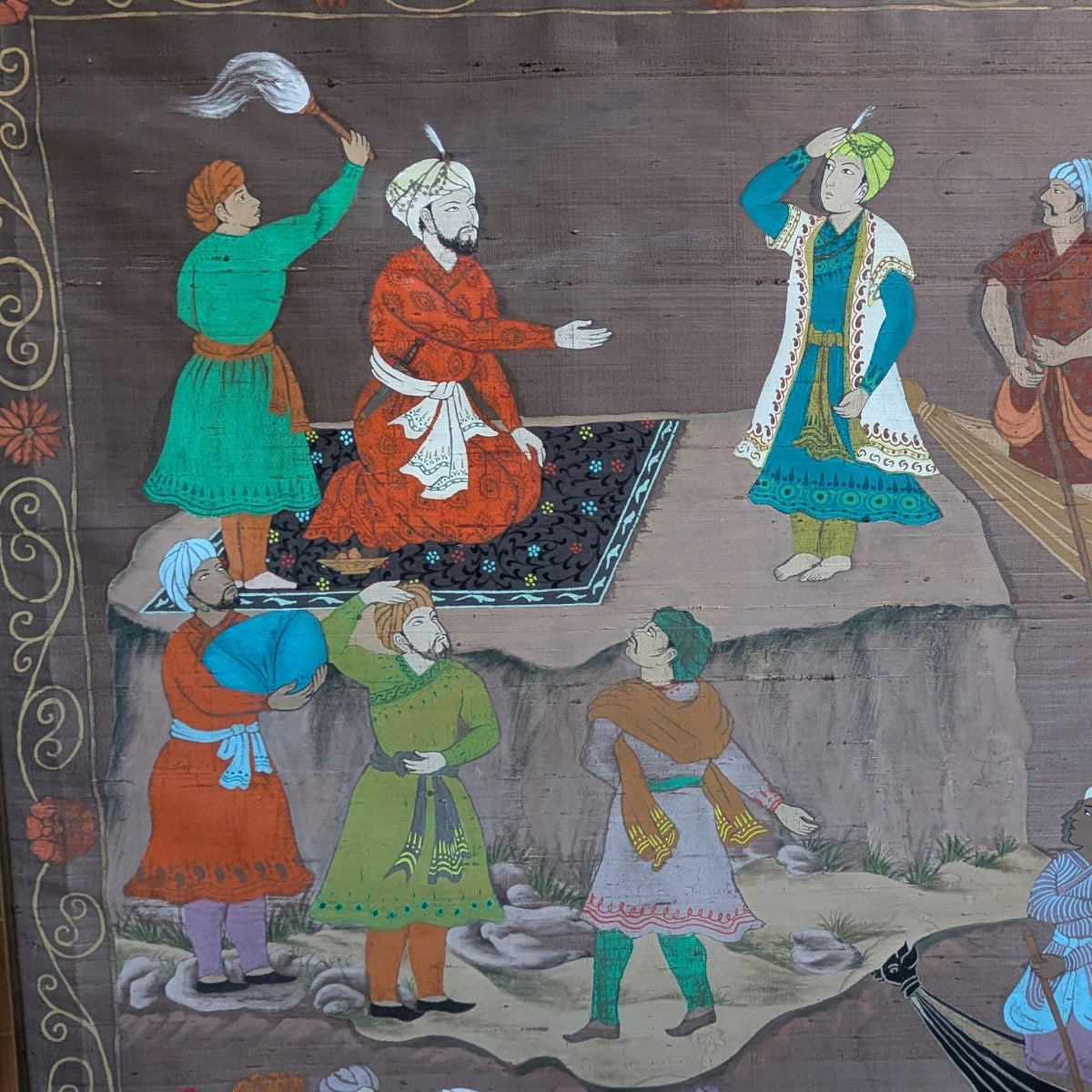 Hand-painted Mughal Scene On Silk, Gold Coloured -framed
