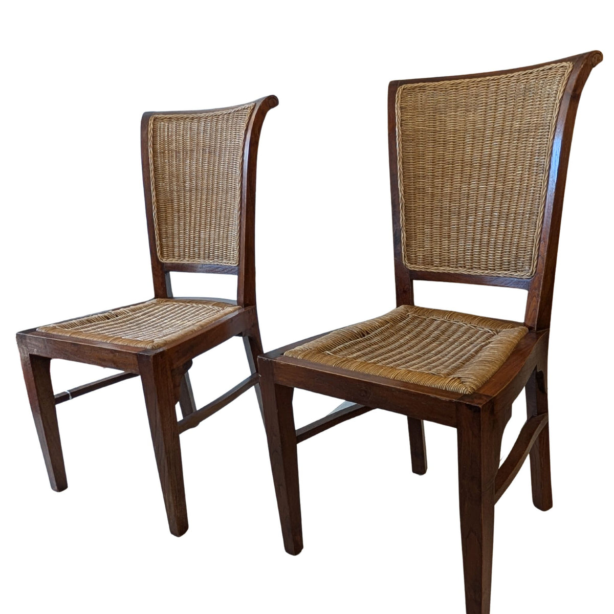 Set Of Four Designer Teak Dining Chairs With Woven Seats