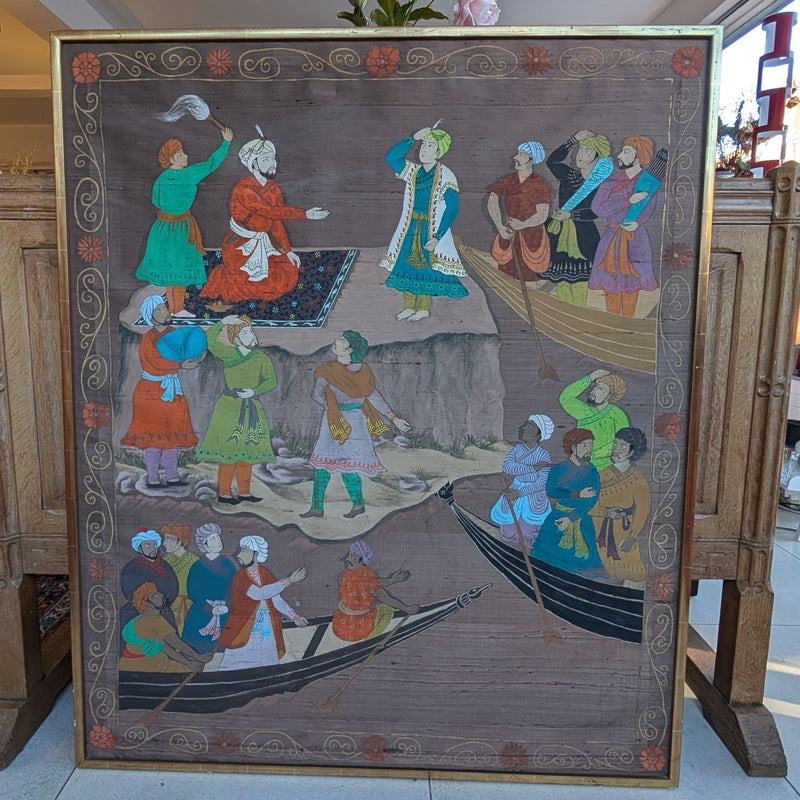Hand-painted Mughal Scene On Silk, Gold Coloured -framed