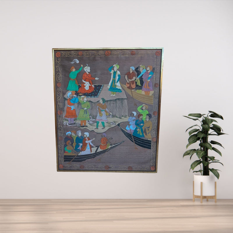Hand-painted Mughal Scene On Silk, Gold Coloured -framed
