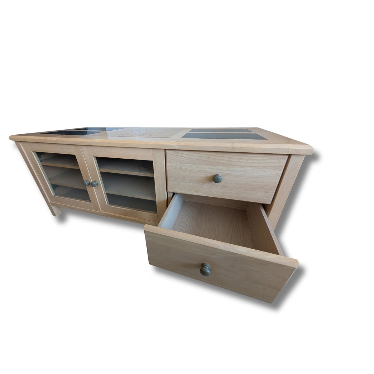 Oak-Veneered Tv / Media Unit With Glass Panel Top