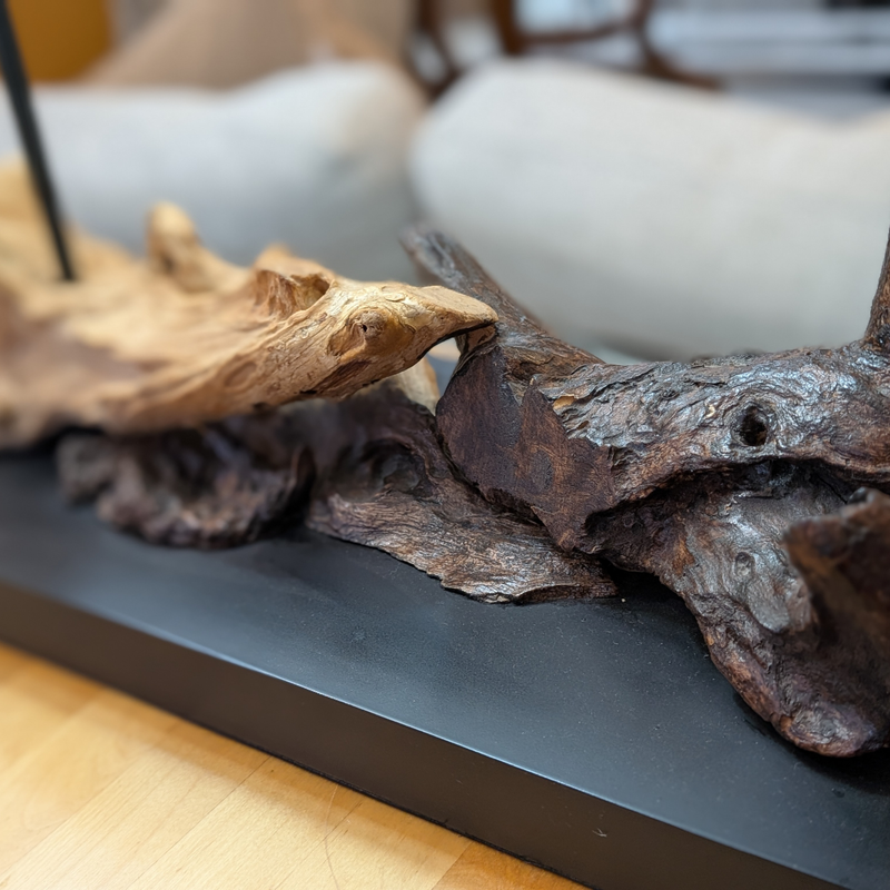 Sculptural driftwood table lamp with a sleek black rectangular shade