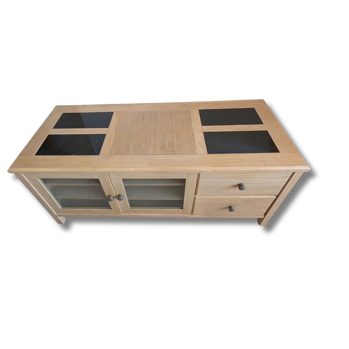Oak-Veneered Tv / Media Unit With Glass Panel Top