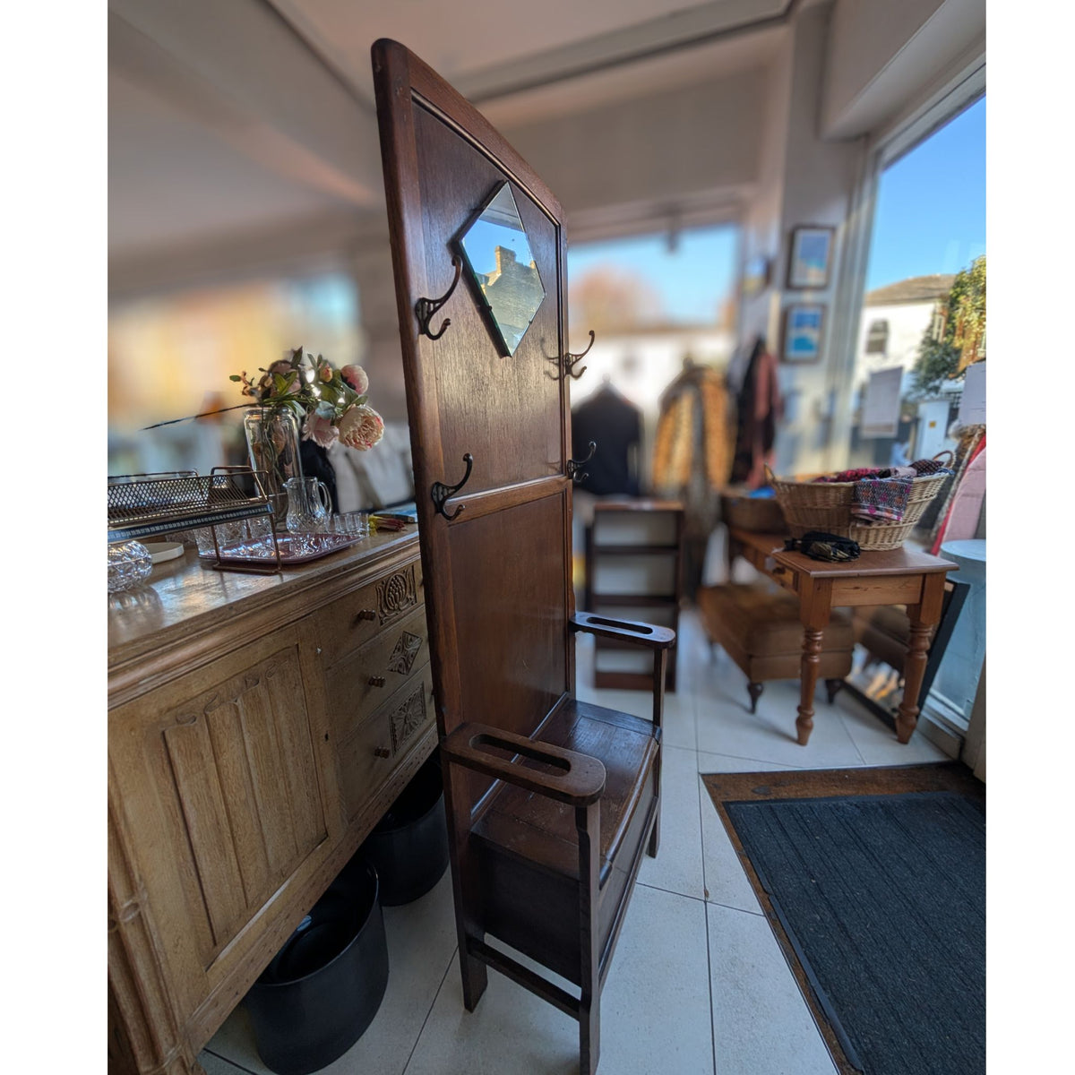 Vintage Hallway Coat Rack With Bench, Storage & Mirror