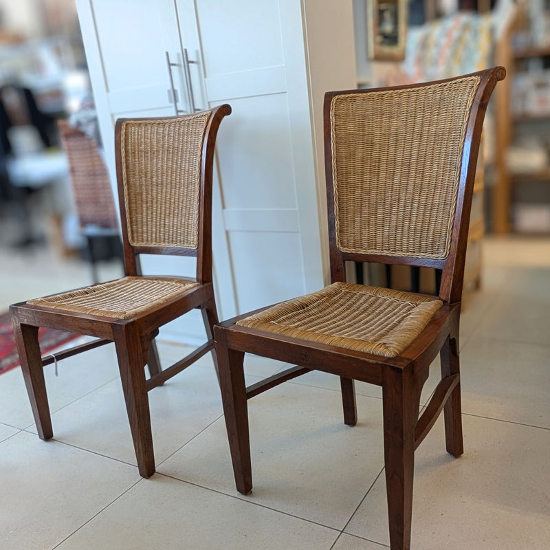 Set Of Four Designer Teak Dining Chairs With Woven Seats