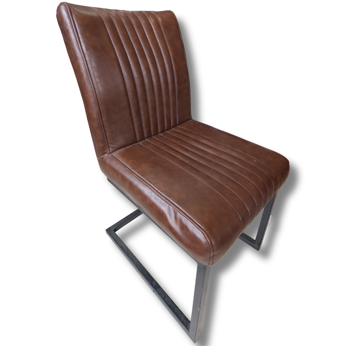 Cognac Brown Faux Leather Dining Chairs with Black Metal Frames