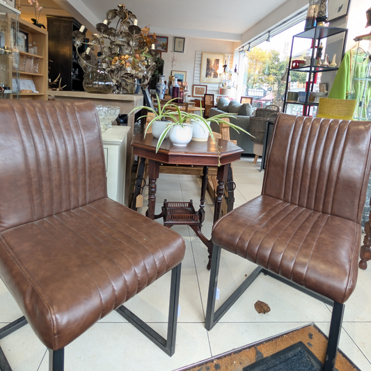 Cognac Brown Faux Leather Dining Chairs with Black Metal Frames