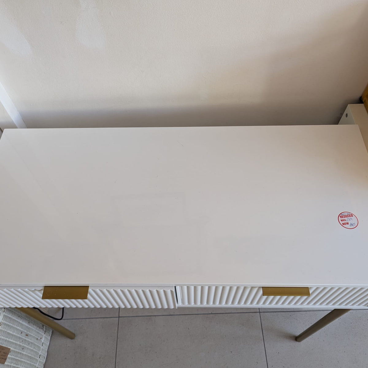 White Ribbed Two-Drawer Console Table with Gold Legs