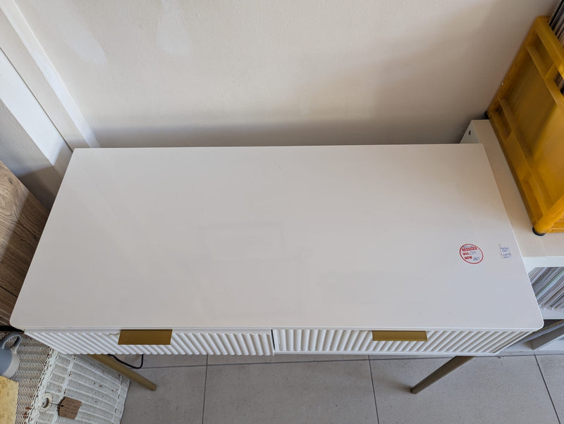 White Ribbed Two-Drawer Console Table with Gold Legs