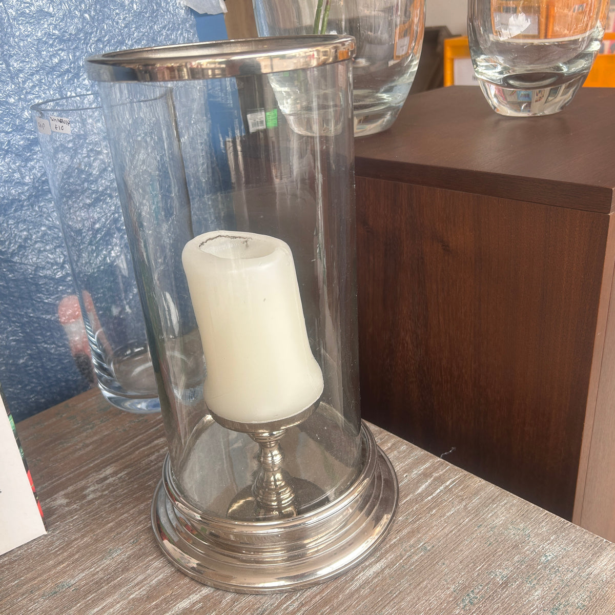 Glass Hurricane Lamp with Silver-Tone Base