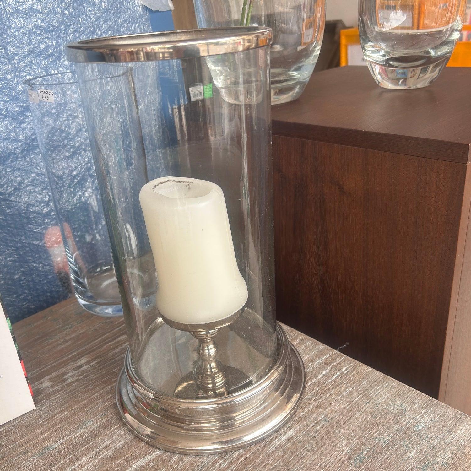 Glass Hurricane Lamp with Silver-Tone Base
