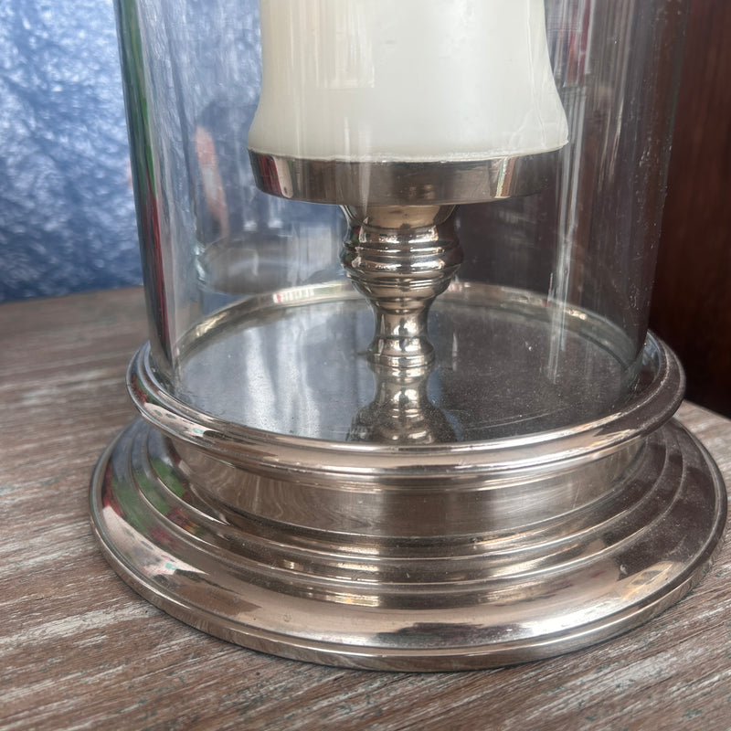 Glass Hurricane Lamp with Silver-Tone Base