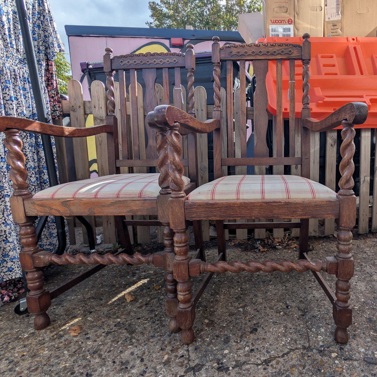 Pair of Antique Oak Barley Twist Armchairs