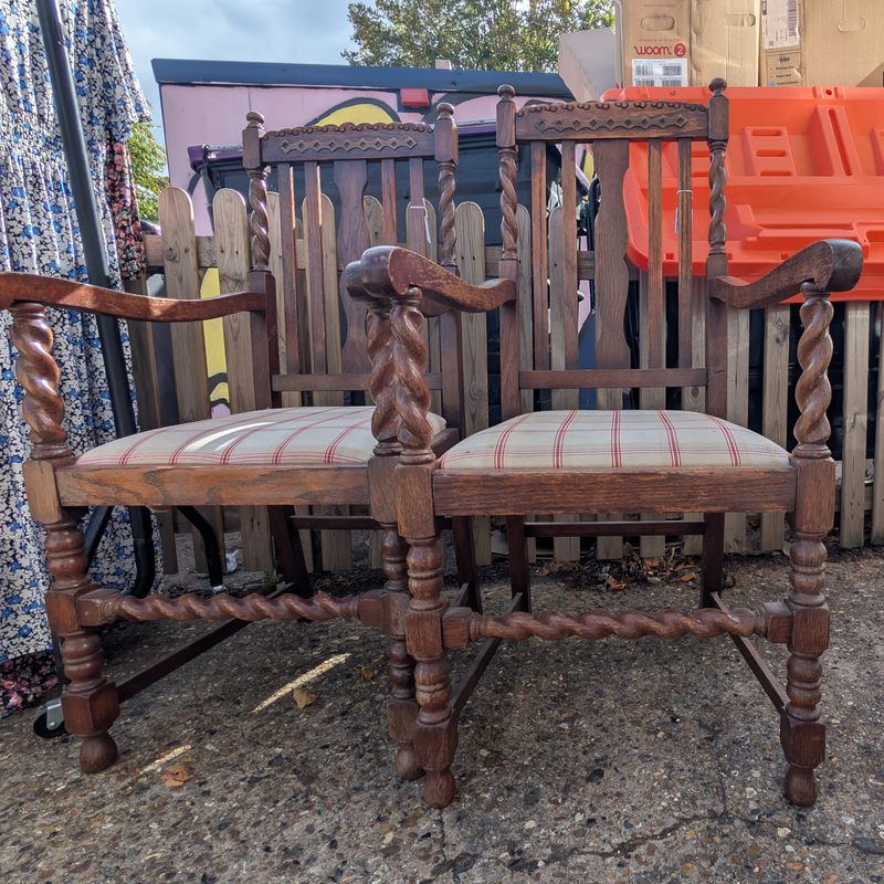 Pair of Antique Oak Barley Twist Armchairs