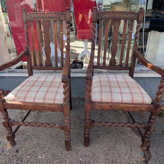 Pair of Antique Oak Barley Twist Armchairs