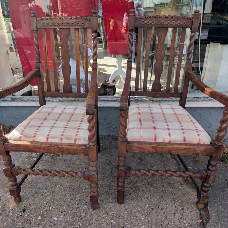 Pair of Antique Oak Barley Twist Armchairs