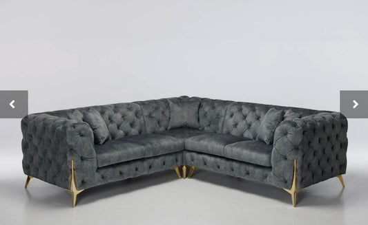 Luxury Chesterfield-Style Corner Sofa (Grey Velvet with Gold Legs)