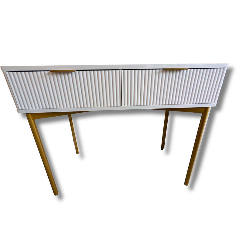 White Ribbed Two-Drawer Console Table with Gold Legs