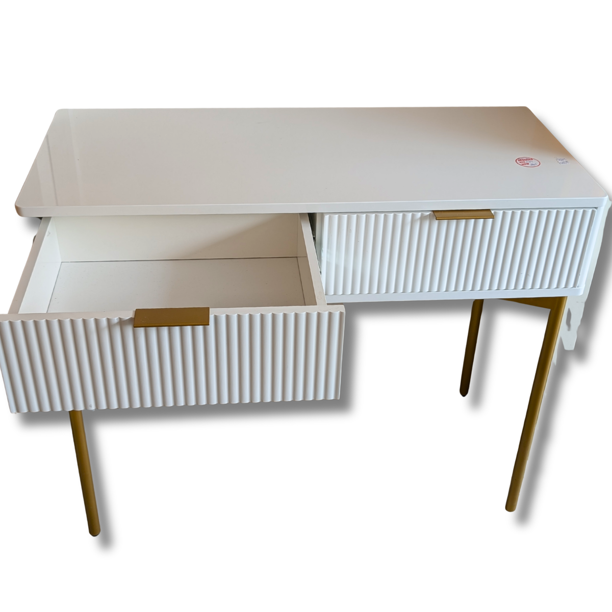 White Ribbed Two-Drawer Console Table with Gold Legs