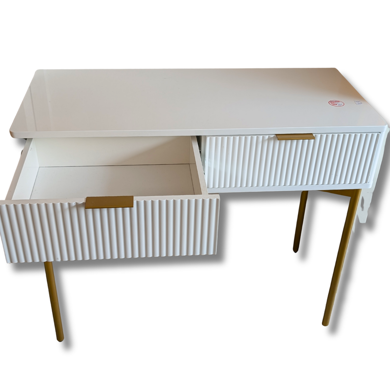 White Ribbed Two-Drawer Console Table with Gold Legs