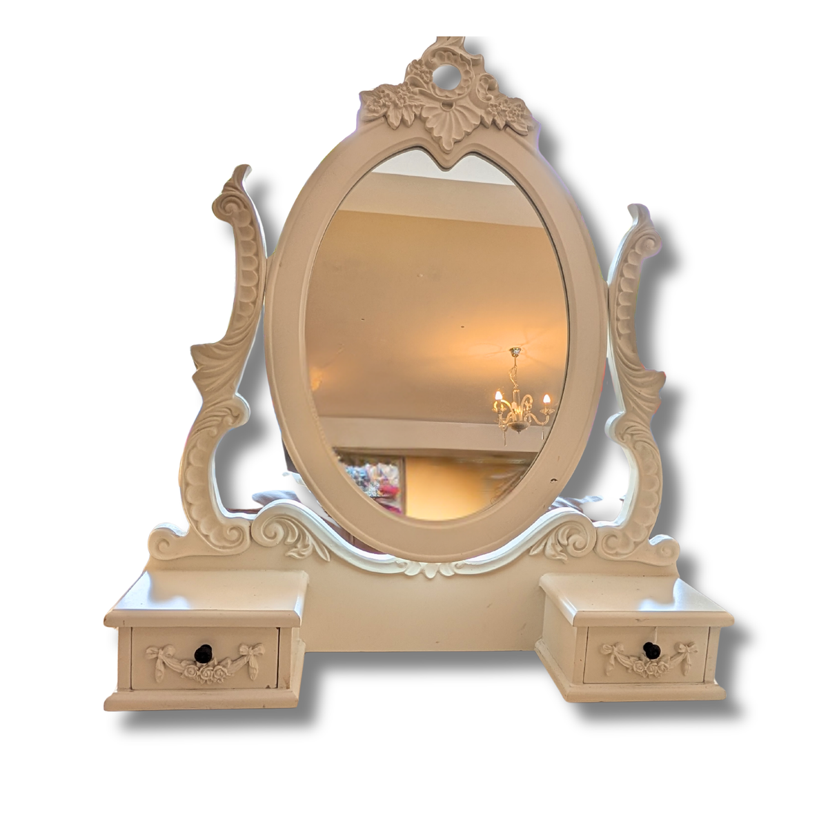 White Ornate Dressing Table Mirror with Twin Drawers
