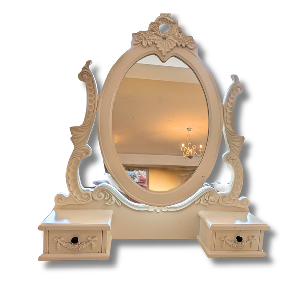 White Ornate Dressing Table Mirror with Twin Drawers