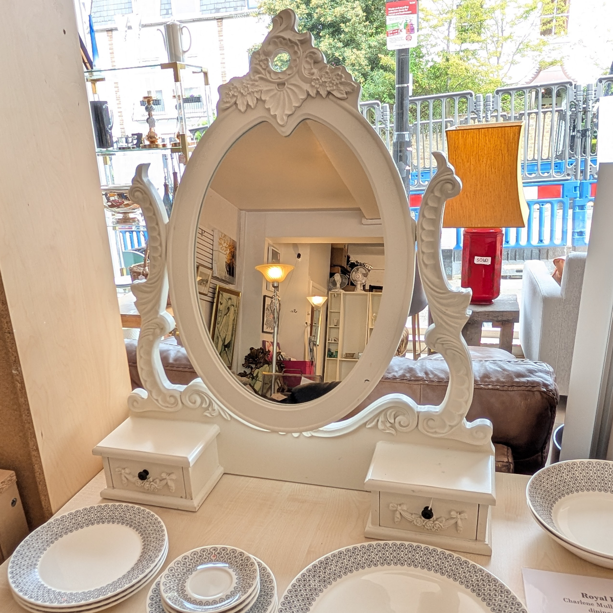 White Ornate Dressing Table Mirror with Twin Drawers
