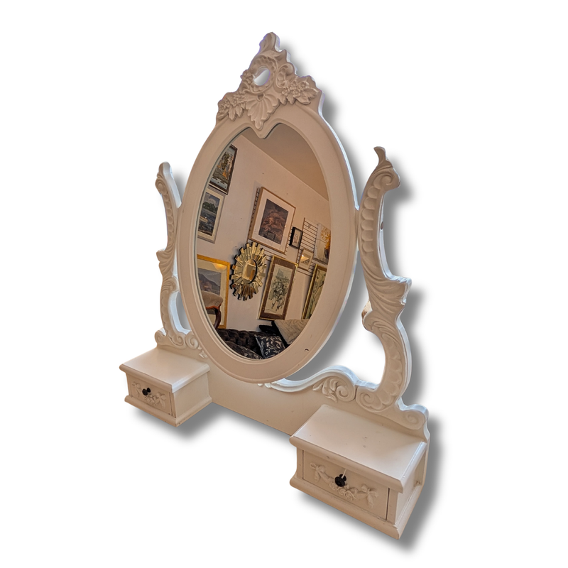 White Ornate Dressing Table Mirror with Twin Drawers