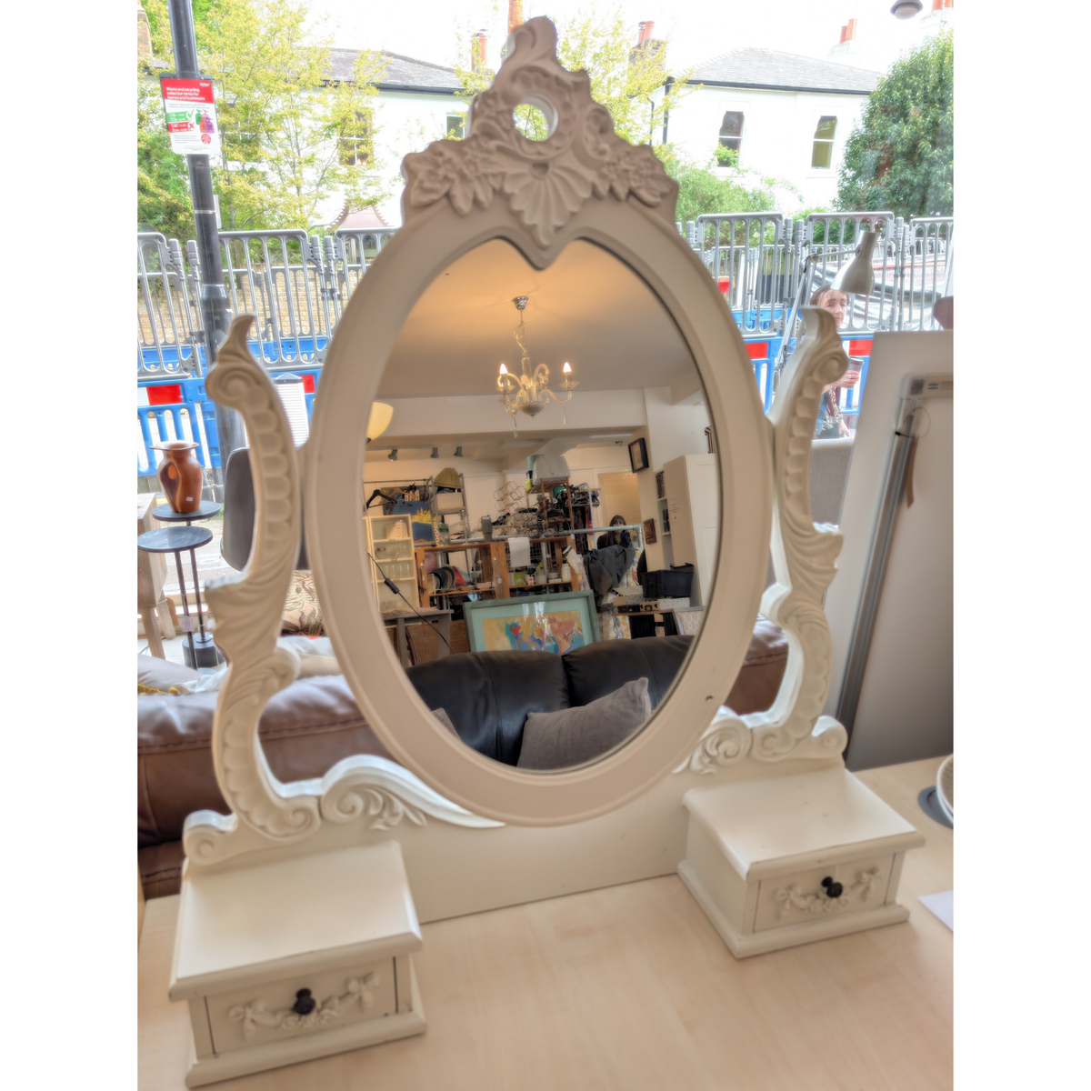 White Ornate Dressing Table Mirror with Twin Drawers