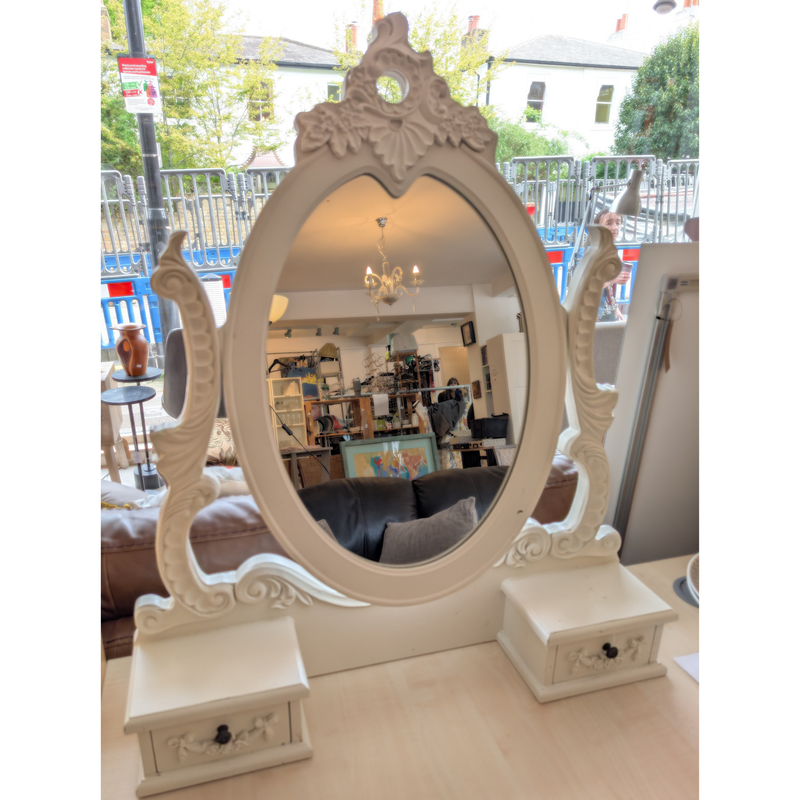 White Ornate Dressing Table Mirror with Twin Drawers