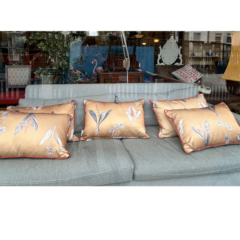 Ochre Botanical Print Cushions with Terracotta Piping.