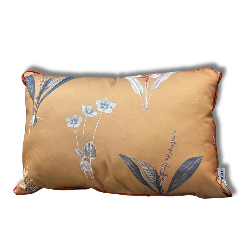 Ochre Botanical Print Cushions with Terracotta Piping.