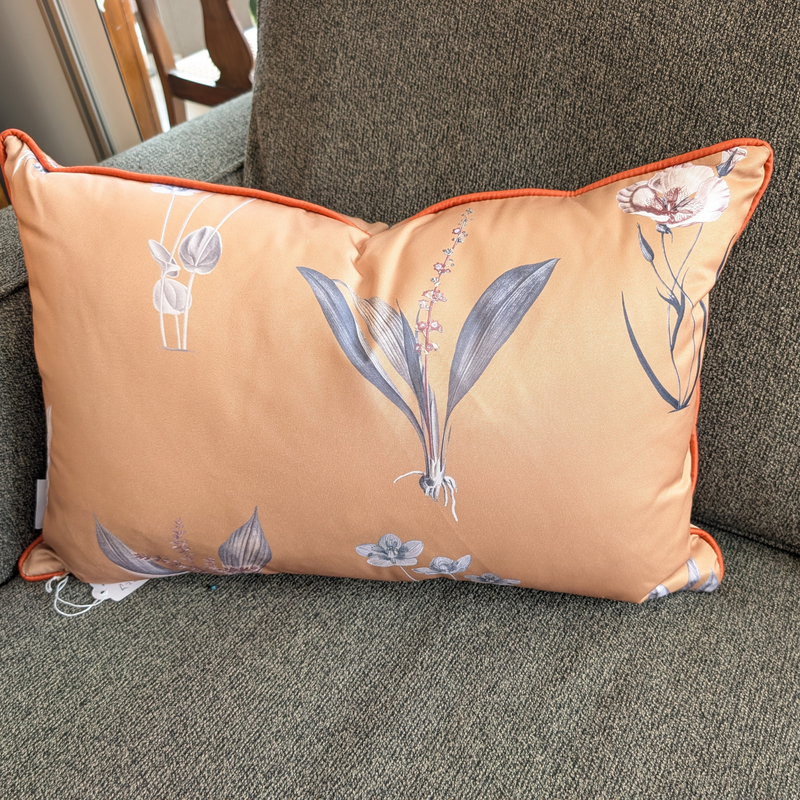 Ochre Botanical Print Cushions with Terracotta Piping.