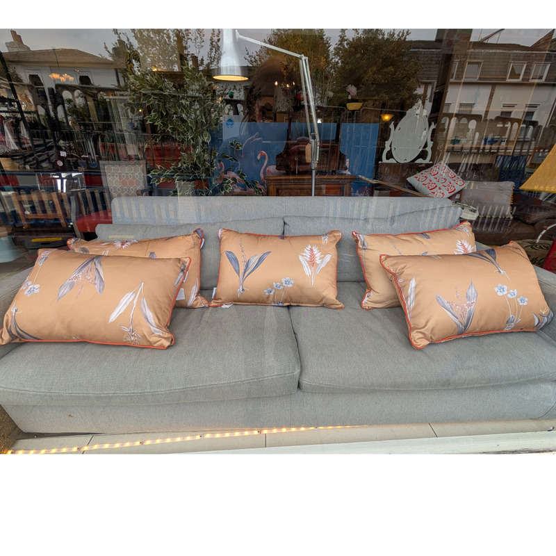 Ochre Botanical Print Cushions with Terracotta Piping.