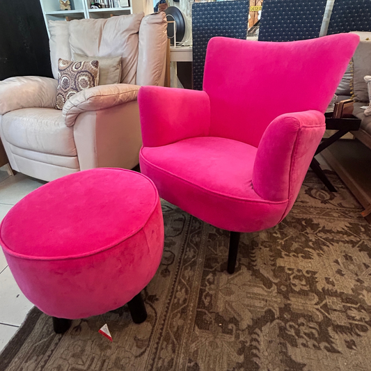 Hot Pink Velvet-Style Armchair & Footstool