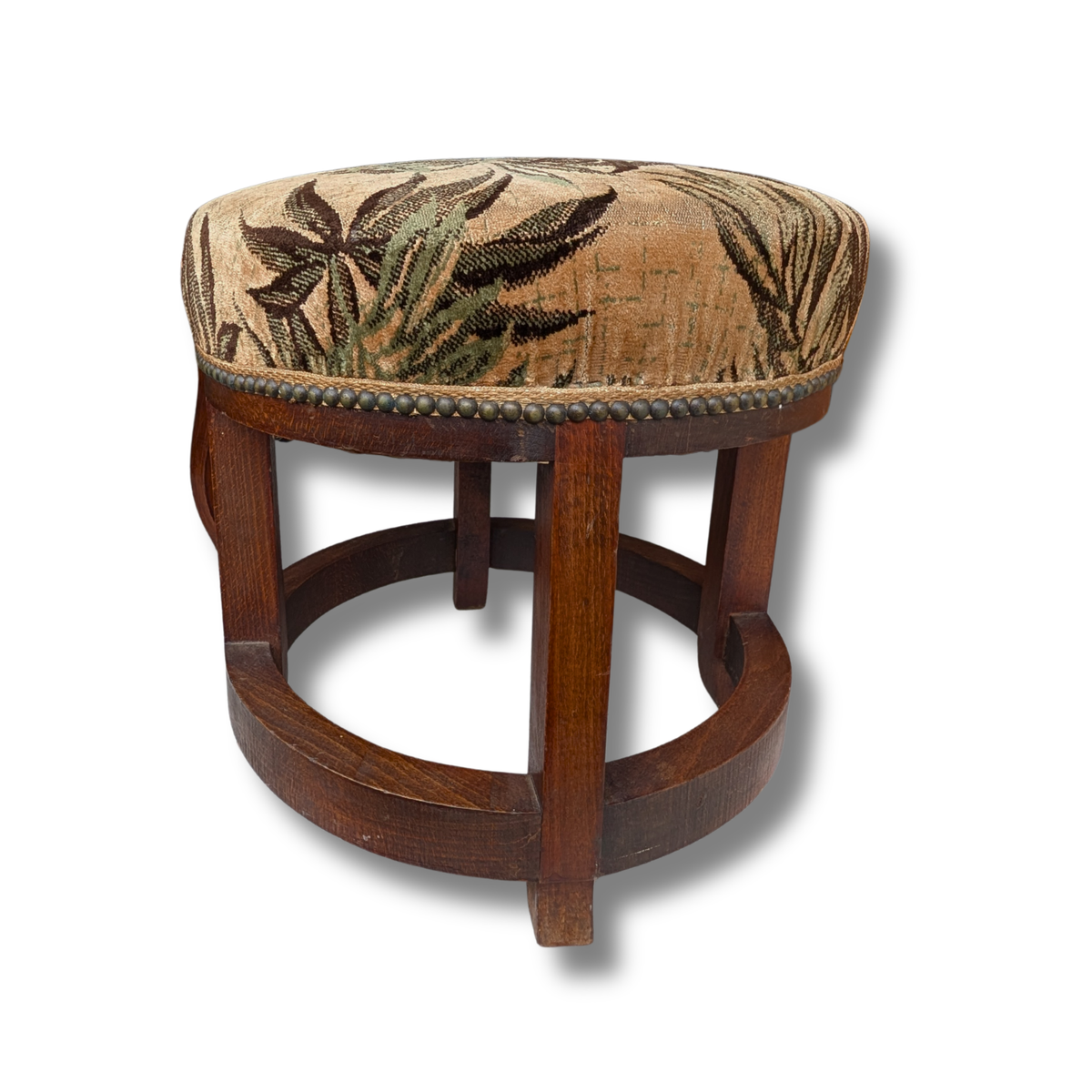 French Oak Upholstered Footstool / Art Deco Style Stool