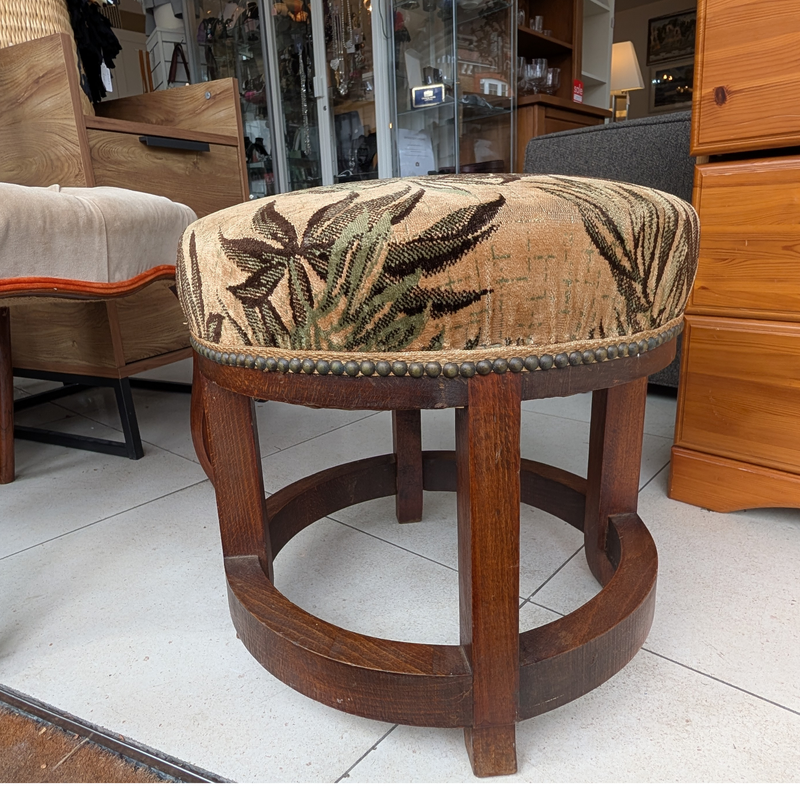 French Oak Upholstered Footstool / Art Deco Style Stool